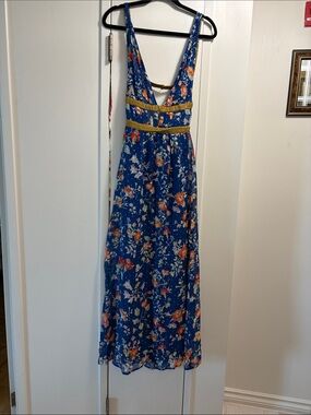 Rixo Blue Floral Maxi Dress with Gold Trim